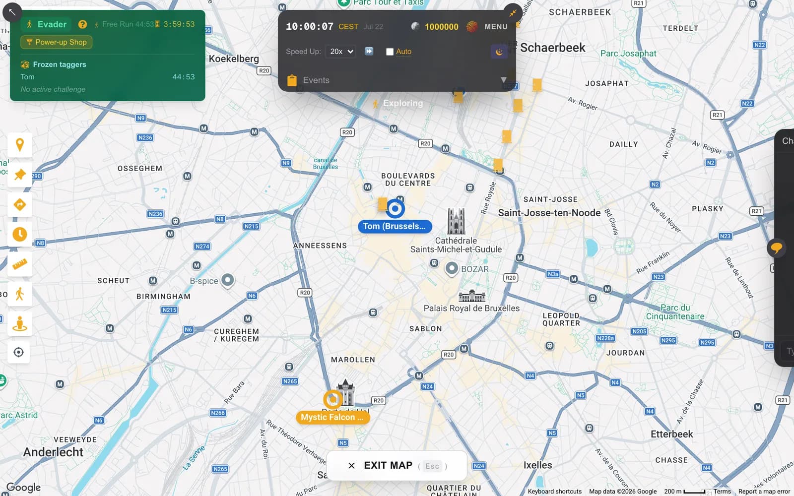 The live chase map with the evader and taggers spread across the transit network